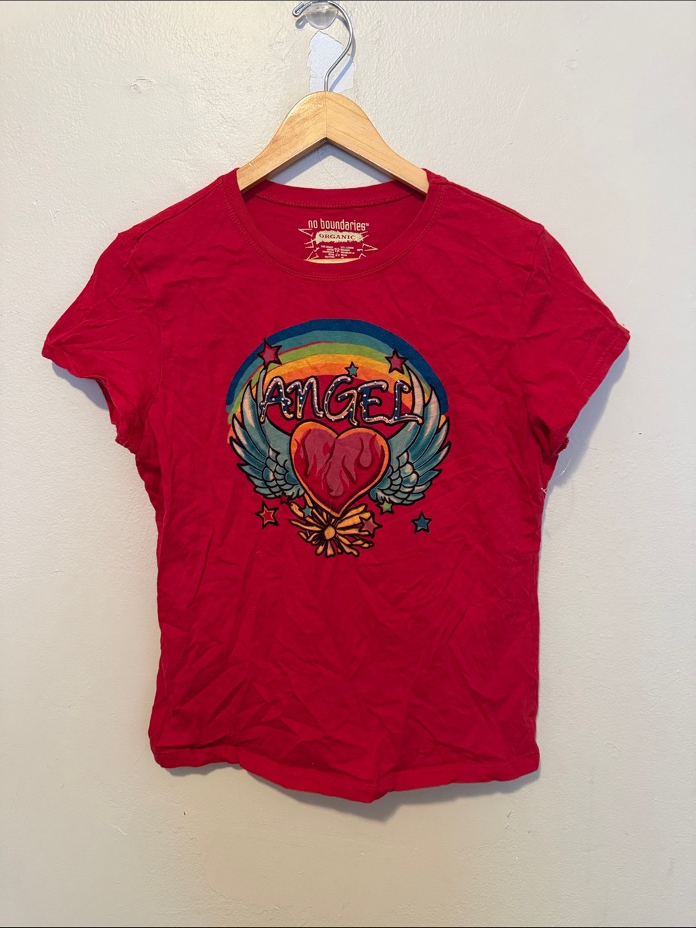 No Boundaries Red Short-Sleeve Tee with Winged Heart Graphic
